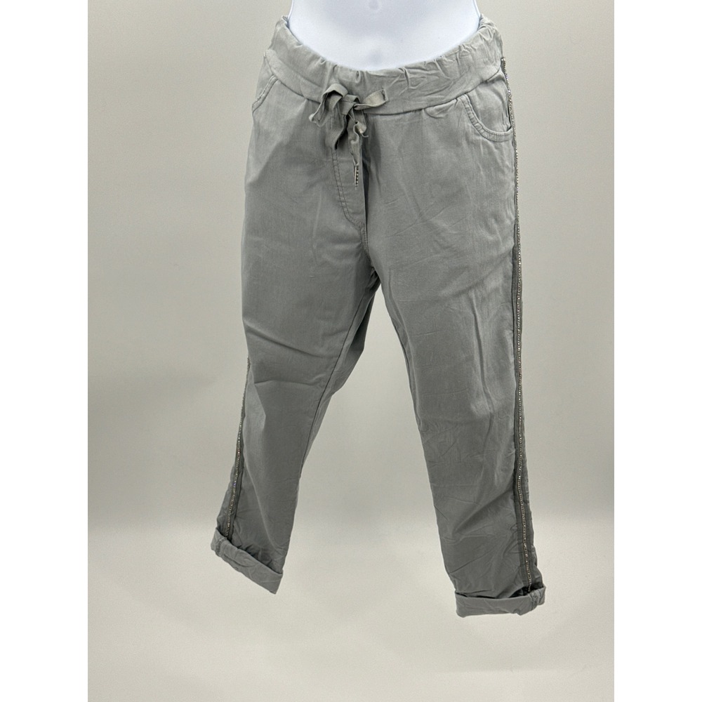 Venti6 Italy Womens Grey Rhinestone Trim Cropped Jogger Pants Size M NEW